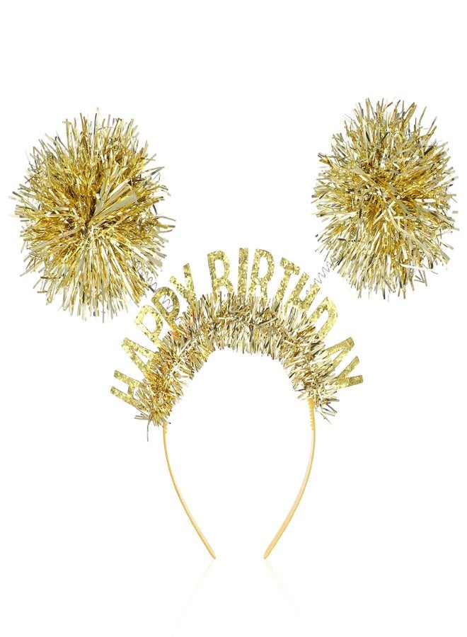 Macuezu Birthday Tiara Crown for Girls Women, Happy Birthday Headband Pom Pom Headband Hair Accessories Hat for Princess Adults Kids Party(Gold) - Image 1